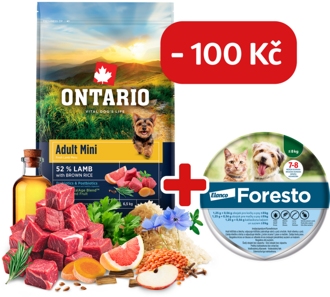 Ontario Adult Mini Lamb & Brown Rice 6,5kg + obojek Foresto pro malé psy se slevou 100 Kč