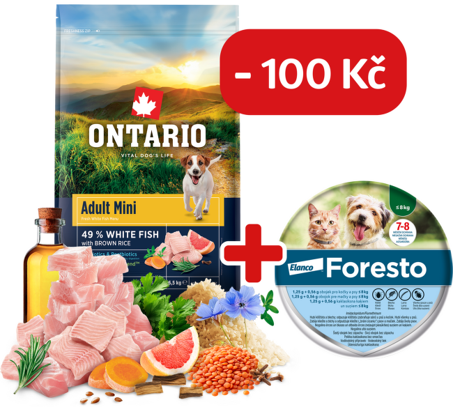 Ontario Adult Mini Fish & Brown Rice 6,5kg + obojek Foresto pro malé psy se slevou 100 Kč