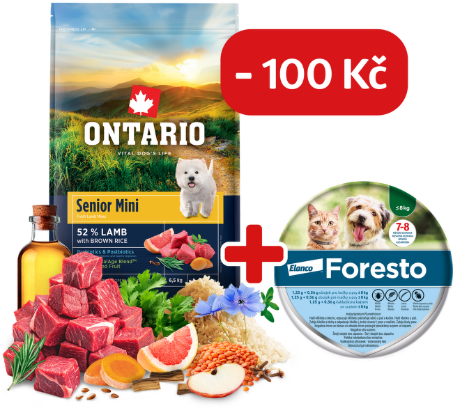 Ontario Senior Mini Lamb & Brown Rice 6,5kg + obojek Foresto pro malé psy se slevou 100 Kč