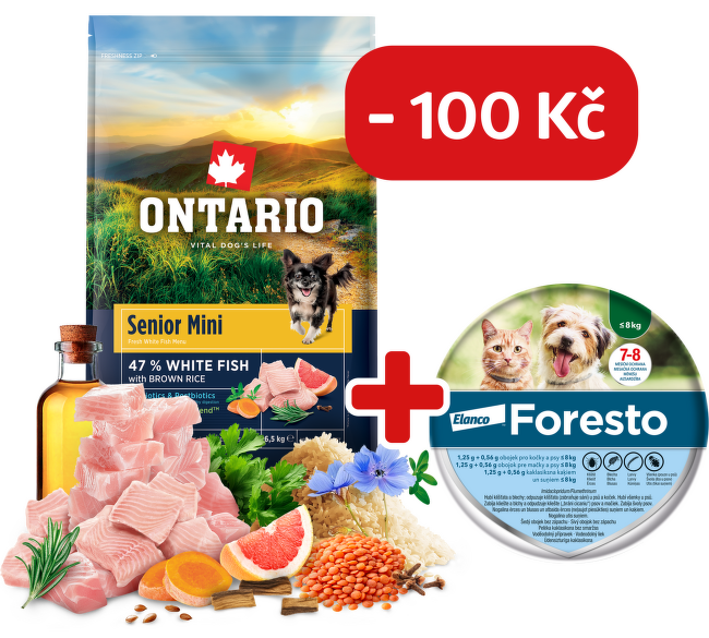 Ontario Senior Mini Fish & Brown Rice 6,5kg + obojek Foresto pro malé psy se slevou 100 Kč