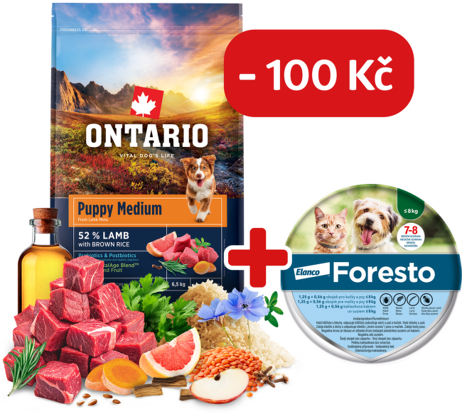 Ontario Puppy Medium Lamb & Brown Rice 6,5kg + obojek Foresto pro malé psy se slevou 100 Kč