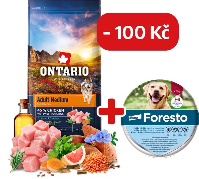 Ontario Adult Medium Chicken & Sweet Potatoes 12kg + obojek Foresto pro větší psy se slevou 100 Kč