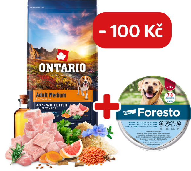 Ontario Adult Medium Fish & Brown Rice 12kg + obojek Foresto pro větší psy se slevou 100 Kč