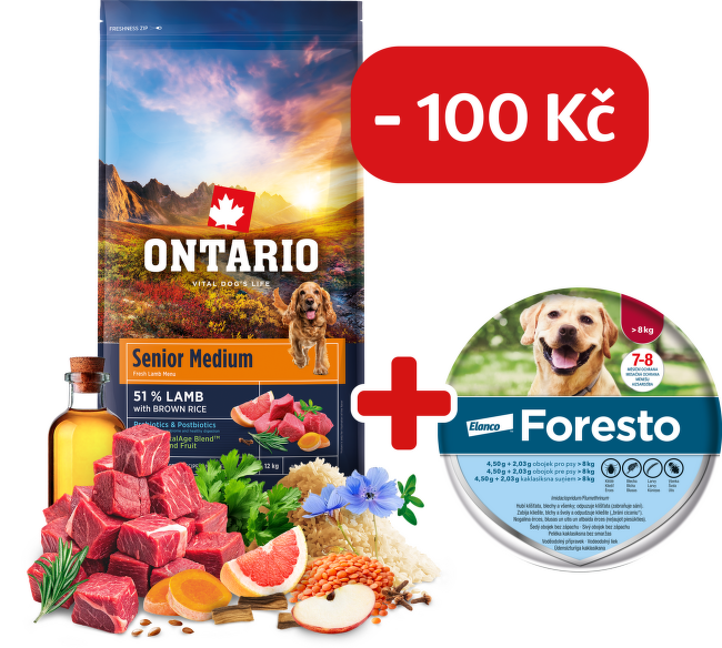 Ontario Senior Medium Lamb & Brown Rice 12kg + obojek Foresto pro větší psy se slevou 100 Kč
