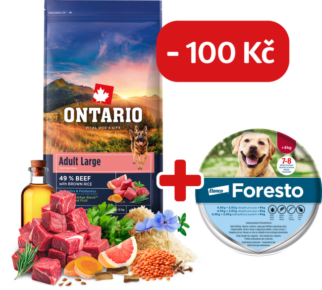 Ontario Adult Large Beef & Brown Rice 12kg  + obojek Foresto pro větší psy se slevou 100 Kč