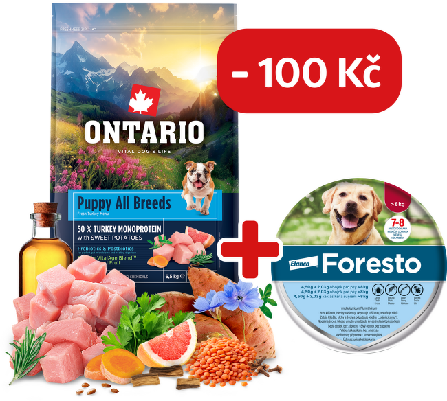 Ontario Puppy&Junior All Breeds Monoprotein Turkey & Sweet Potatoes 6,5kg + obojek Foresto pro větší psy se slevou 100 Kč