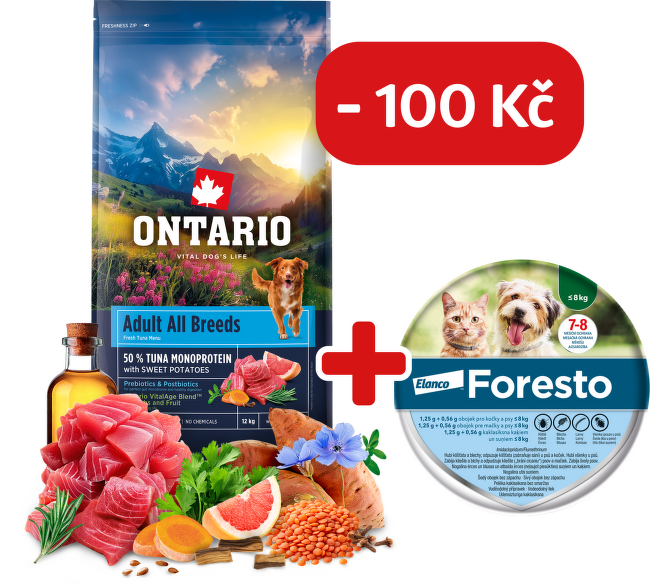 Ontario Adult All Breeds Monoprotein Tuna & Sweet Potatoes 12kg + obojek Foresto pro malé psy se slevou 100 Kč