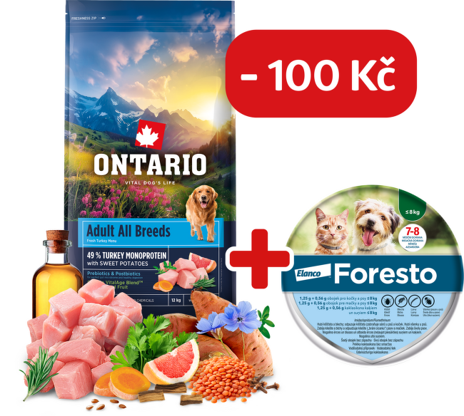 Ontario Adult All Breeds Monoprotein Turkey & Sweet Potatoes 12kg + obojek Foresto pro malé psy se slevou 100 Kč