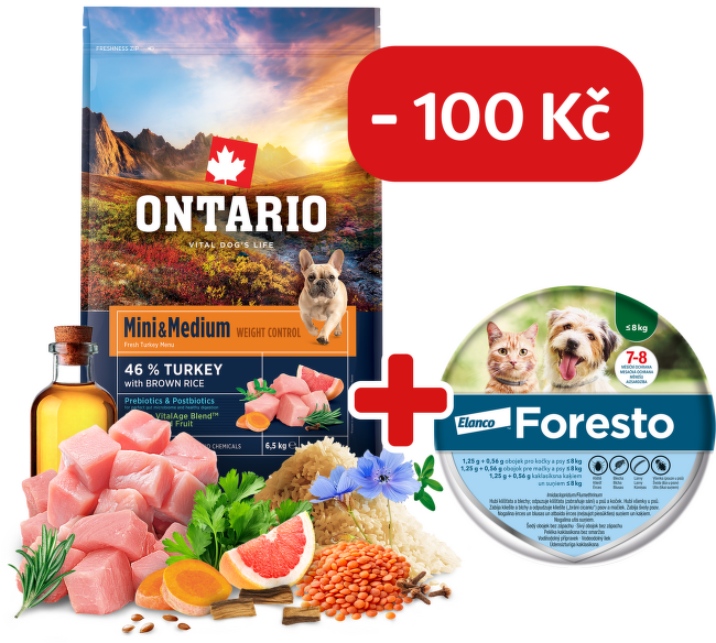 Ontario Mini & Medium Weight Control Turkey & Brown Rice 6,5kg + obojek Foresto pro malé psy se slevou 100 Kč