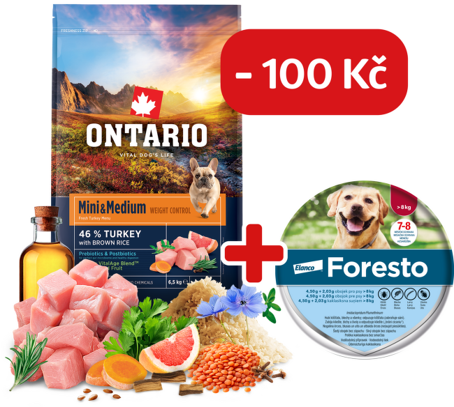Ontario Mini & Medium Weight Control Turkey & Brown Rice 6,5kg + obojek Foresto pro větší psy se slevou 100 Kč