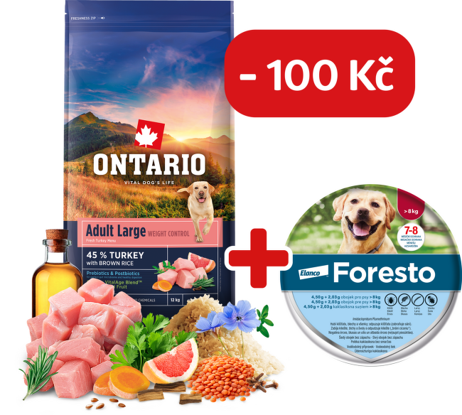 Ontario Large Weight Control Turkey & Brown Rice 12kg + obojek Foresto pro větší psy se slevou 100 Kč