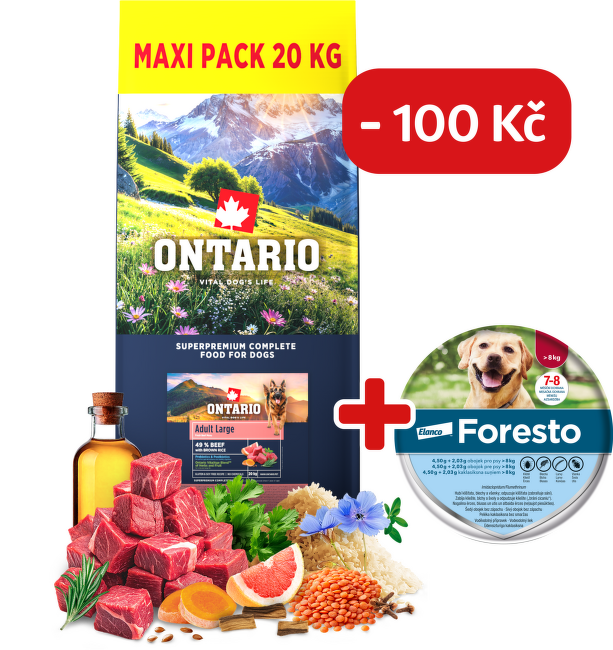 Ontario Adult Large Beef & Brown Rice 20kg + obojek Foresto pro větší psy se slevou 100 Kč