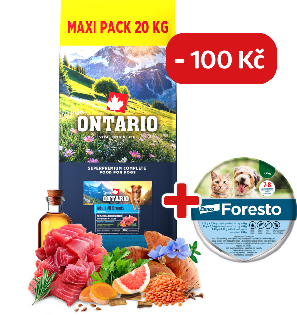 Ontario Adult All Breeds Monoprotein Tuna & Sweet Potatoes 20kg + obojek Foresto pro malé psy se slevou 100 Kč