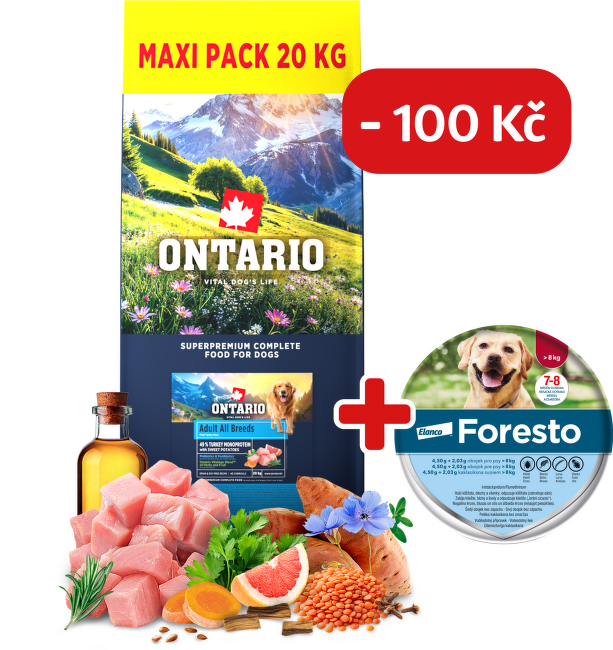 Ontario Senior All Breeds Monoprotein Turkey & Sweet Potatoes 20kg + obojek Foresto pro větší psy se slevou 100 Kč
