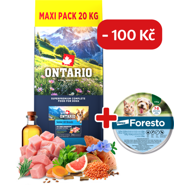 Ontario Senior All Breeds Monoprotein Turkey & Sweet Potatoes 20kg + obojek Foresto pro malé psy se slevou 100 Kč