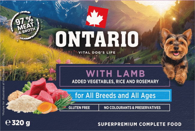Konservi suņiem – Ontario Alucup Lamb with vegetables and rice, 320 g