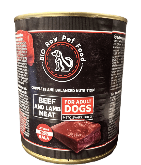 Konservi suņiem – Bio Raw Pet Food – Liellopa un Jēra gaļa 800 g
