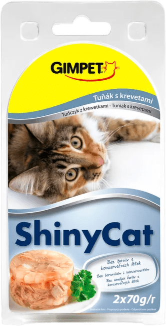 Konzerva pre mačky GimCat ShinyCat tuniak a krevety 2 × 70 g