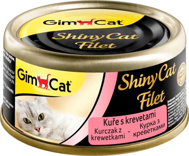 Konzerva pre mačky GimCat ShinyCat kura a krevety 2 × 70 g