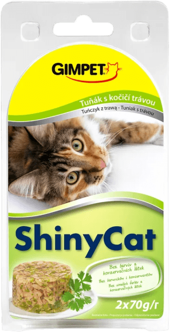 Konzerva pre mačky GimCat ShinyCat tuniak s mačacou šantou 2 × 70 g