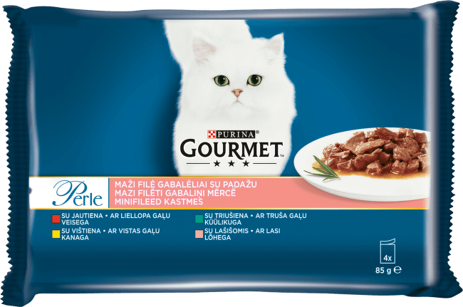 Konservi kaķiem – Gourmet Perle 4-pack (vista/lasis/liellops/trusis), 4 x 85 g