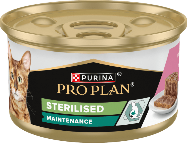 Konzerva Pro Plan Cat Sterilised terina s tuňákem a lososem 85 g