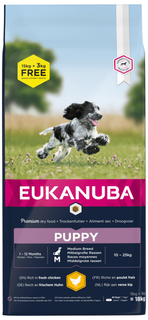 Eukanuba Puppy Medium 15kg + 3kg zdarma
