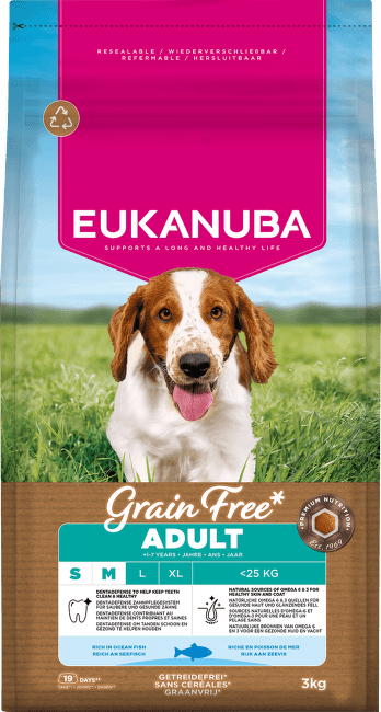 Krmivo Eukanuba Grain Free Adult Small&Medium mořské ryby 3kg