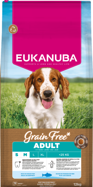 Krmivo Eukanuba Grain Free Adult Small&Medium mořské ryby 12kg