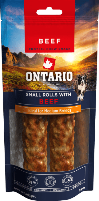 Žvýkací pochoutka Ontario Protein malá rolka pro střední plemena hovězí 12,7 cm 2 ks