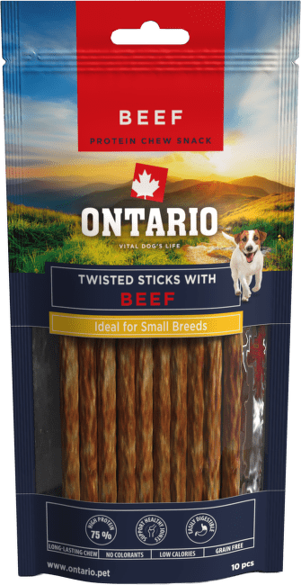 Žvýkací pochoutka Ontario Protein točené tyčinky pro malá plemena hovězí 12,7 cm 10 ks