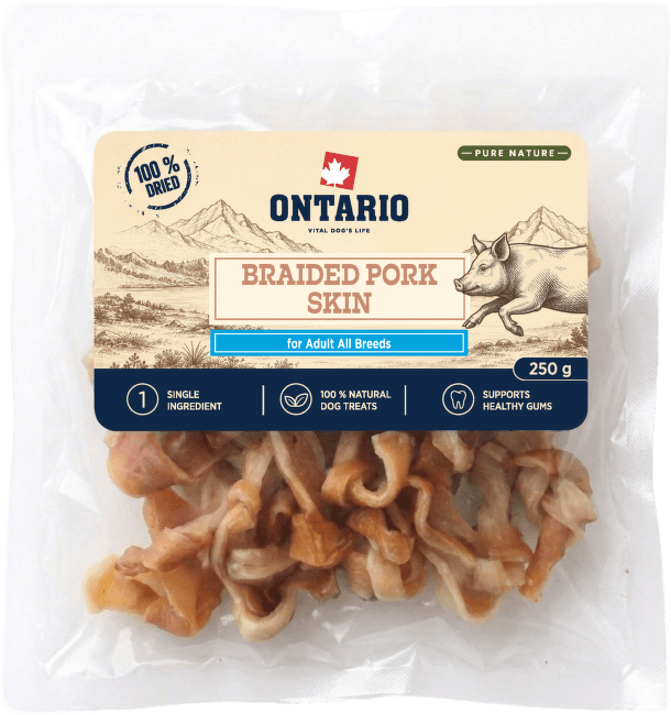 Sušená vepřová kůže Ontario Pure Nature pletená 250 g