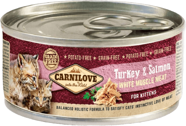 Konservi kaķēniem – CARNILOVE Wild Meat Turkey and Salmon for Kittens, 100 g