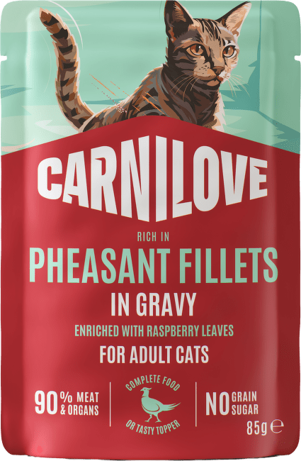 Konservi kaķiem – CARNILOVE Cat Pouch Gravy rich in Pheasant enriched with Raspberry Leaves 85 g