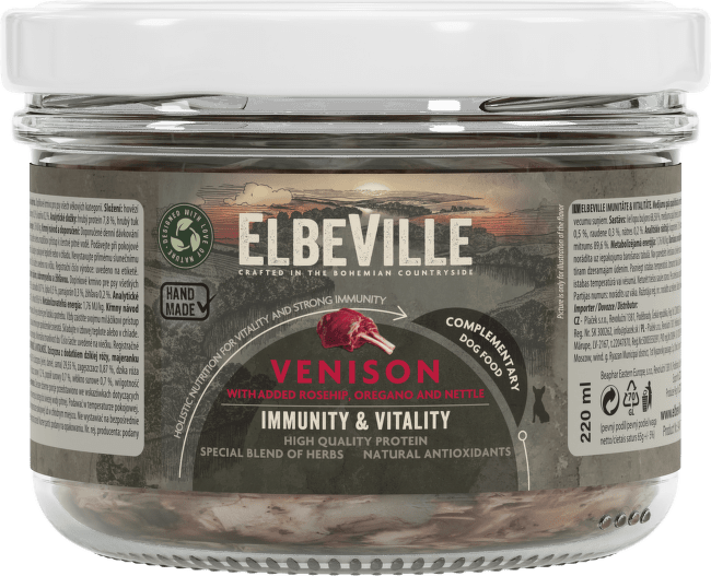Krmivo v skle Elbeville Imunity & Vitality zverina s pridaným šípkom, dobromyseľom a žihľavou 220 ml