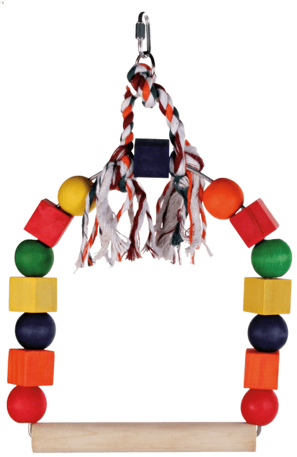Šūpoles putniem – Arch swing with colourful wooden blocks, 20 x 29 cm