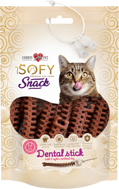 Maškrty Cobbys Pet SOFY Dental Sticks Salmon 48 g s 2 hračkami v tvare mačacej hlavy