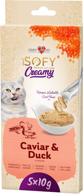 Mäsový krém pre mačky Cobbys Pet SOFY Creamy Caviar & Duck 5×10 g