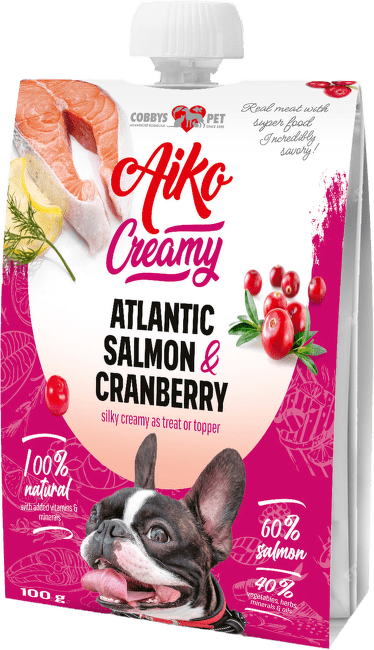 Mäsový krém pre psy Cobbys Pet Aiko Creamy Atlantic Salmon & Cranberry 100 g