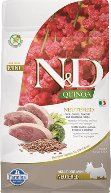 ND Dog GF Quinoa Adult Mini Neutered  kačka, brokolica a špargľa 0,8 kg