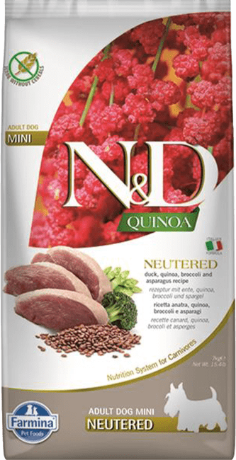 ND Dog GF Quinoa Adult Mini Neutered kačka, brokolica a špargľa  7 kg 