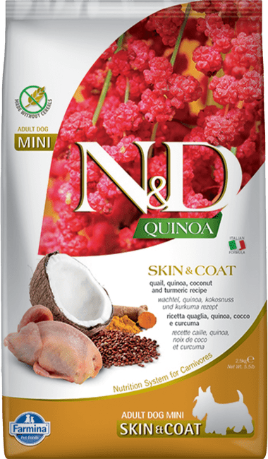 ND Dog GF Quinoa Adult Mini Skin prepelica a kokos 2,5 kg 