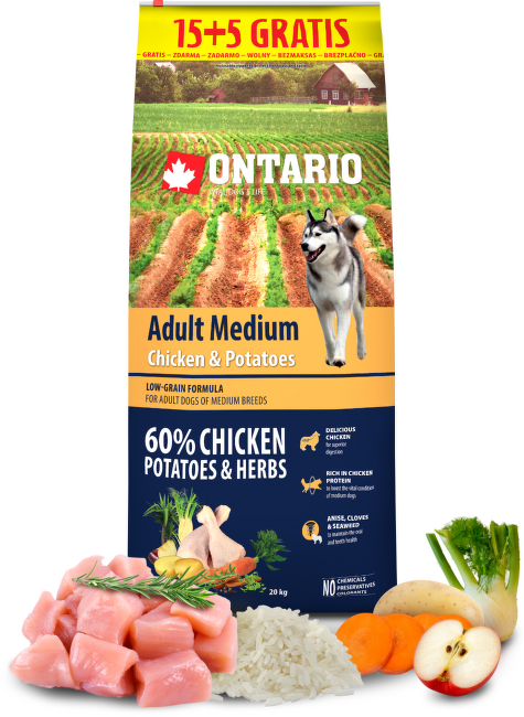 Ontario granuly Adult Medium kura a zemiaky 15+5 kg zadarmo