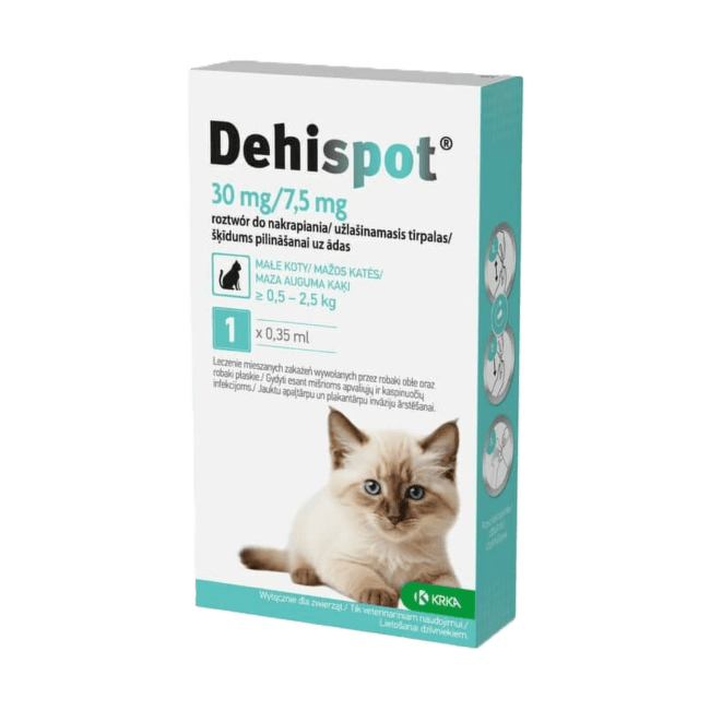 Attārpošanas pilieni kaķiem – Dehispot 30 mg/7,5 mg, 0,35 ml,N1 (0,5-2,5 kg)