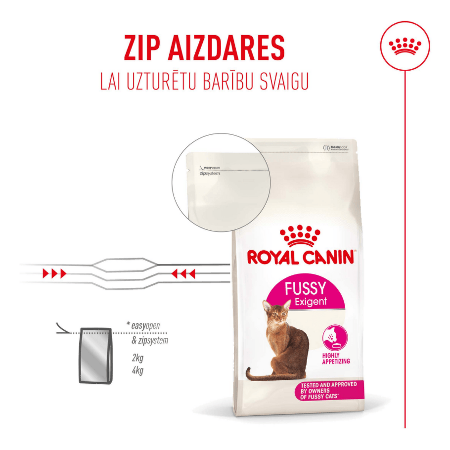 Royal Canin Fussy Exigent kaķu barība ar zip aizdari, kas palīdz uzturēt barības svaigumu