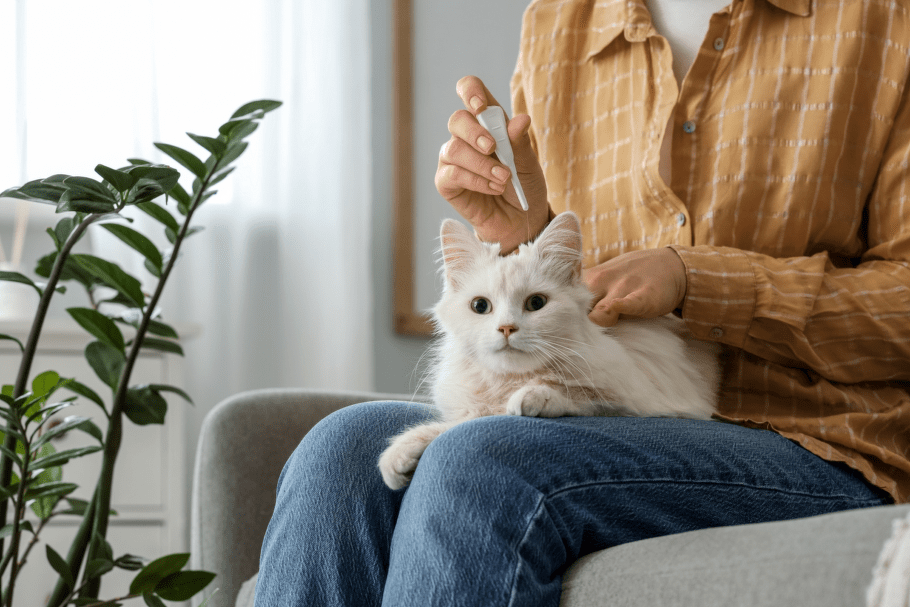 Коту капают капли на холку